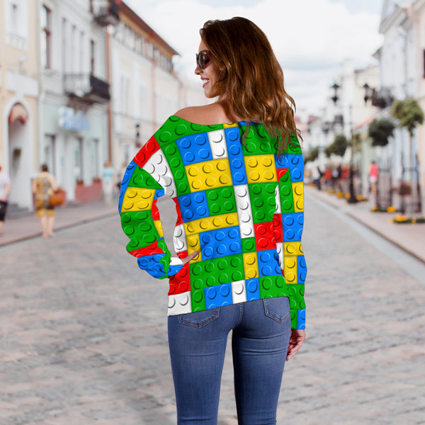 Women Teen Off Shoulder Sweater Legos Building Blocks 02 Brick Pattern