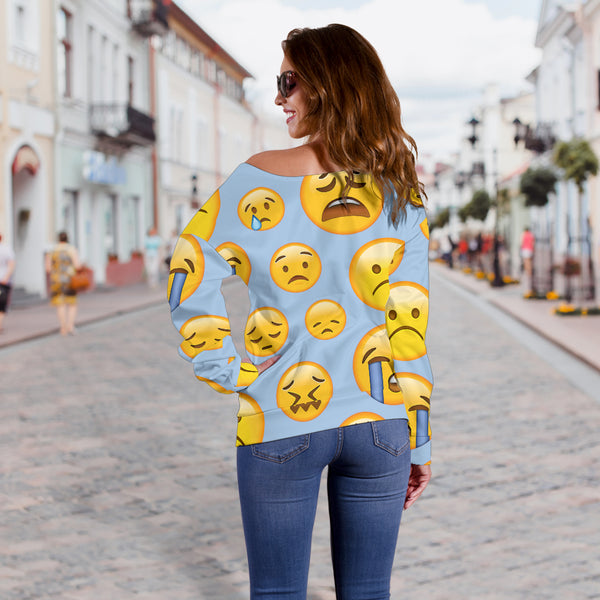 Women Teen Off Shoulder Sweater Emojis Happy Sad