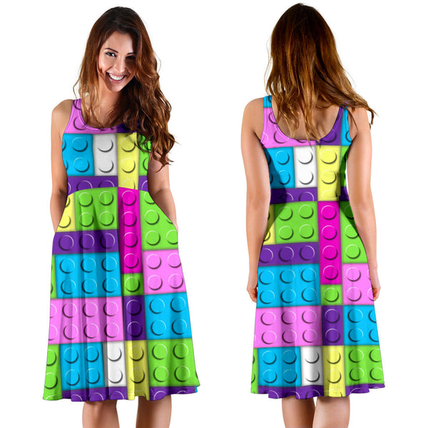 Women's Dress, No Sleeves, Custom Dress, Midi Dress, Lego Building Blocks Pastel 01