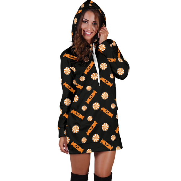 Studio11Couture Women Hoodie Dress Hooded Tunic Orange Trick Or Treat Candy Athleisure Sweatshirt