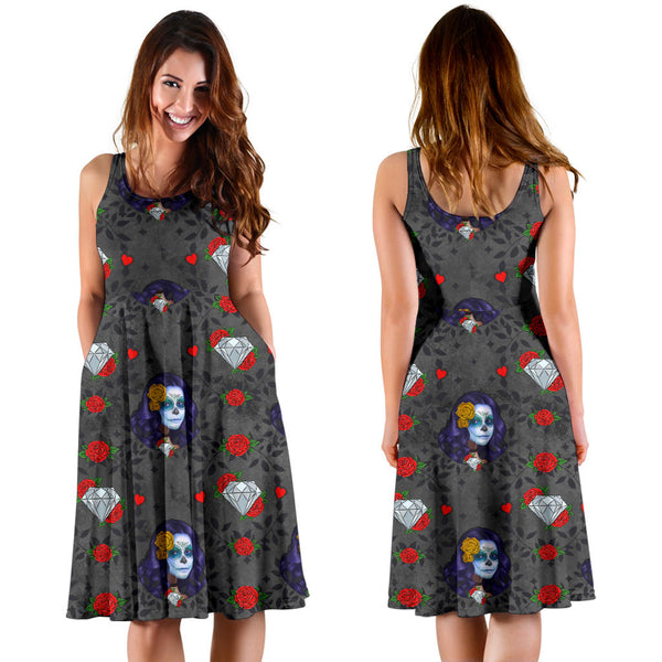 Women's Dress, No Sleeves, Custom Dress, Midi Dress, Sugar Skull 12