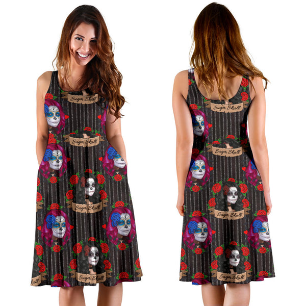 Women's Dress, No Sleeves, Custom Dress, Midi Dress, Sugar Skull 13