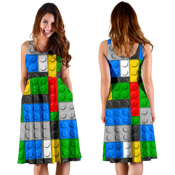 Women's Dress, No Sleeves, Custom Dress, Midi Dress, Lego Building Blocks 01