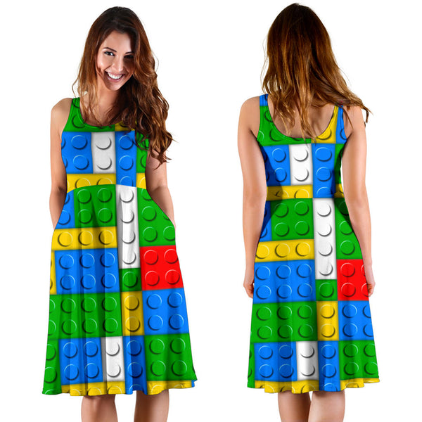 Women's Dress, No Sleeves, Custom Dress, Midi Dress, Lego Building Blocks 02