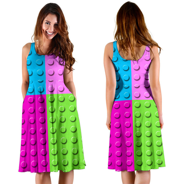 Women's Dress, No Sleeves, Custom Dress, Midi Dress, Lego Building Blocks Pastel 08