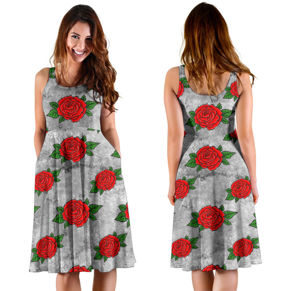 Women's Dress, No Sleeves, Custom Dress, Midi Dress, Sugar Skull 06