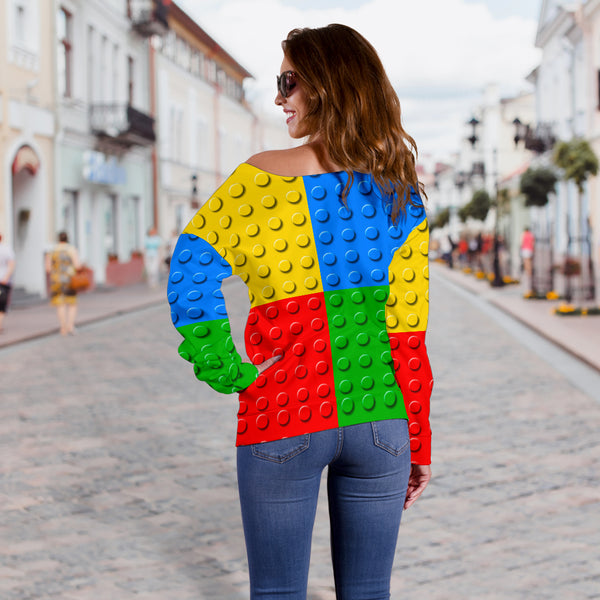 Women Teen Off Shoulder Sweater Legos Building Blocks 08 Base Plate Pattern