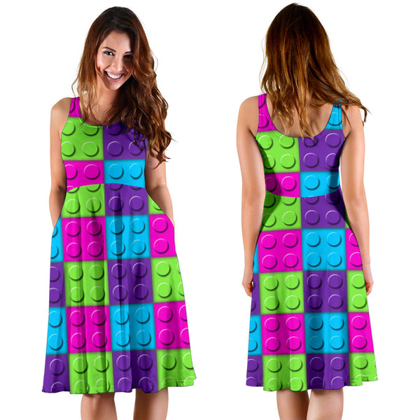 Women's Dress, No Sleeves, Custom Dress, Midi Dress, Lego Building Blocks Pastel 10