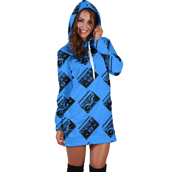 Studio11Couture Women Hoodie Dress Hooded Tunic 80s Blue Boombox Athleisure Sweatshirt