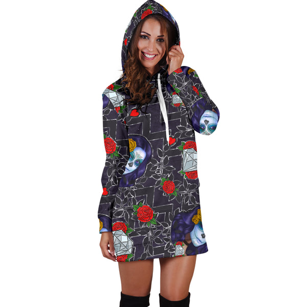 Studio11Couture Women Hoodie Dress Hooded Tunic Sugar Skull Chevron Athleisure Sweatshirt