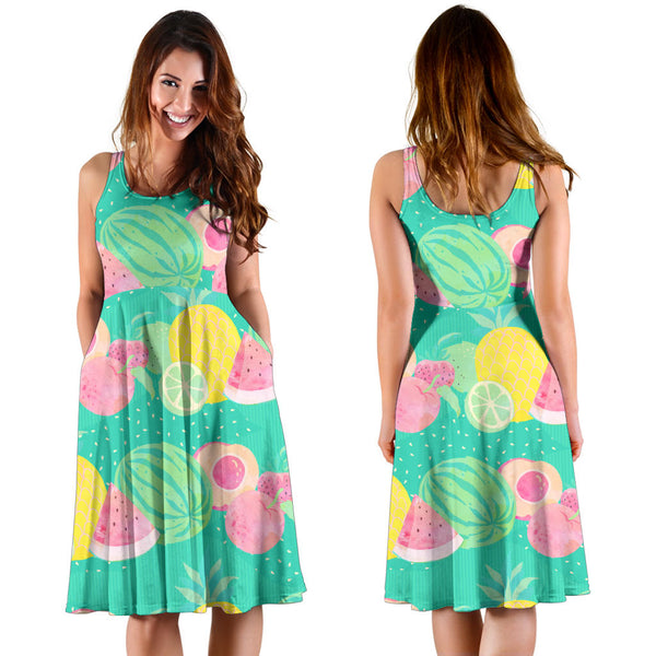 Women's Dress, No Sleeves, Custom Dress, Midi Dress, Fruits 03