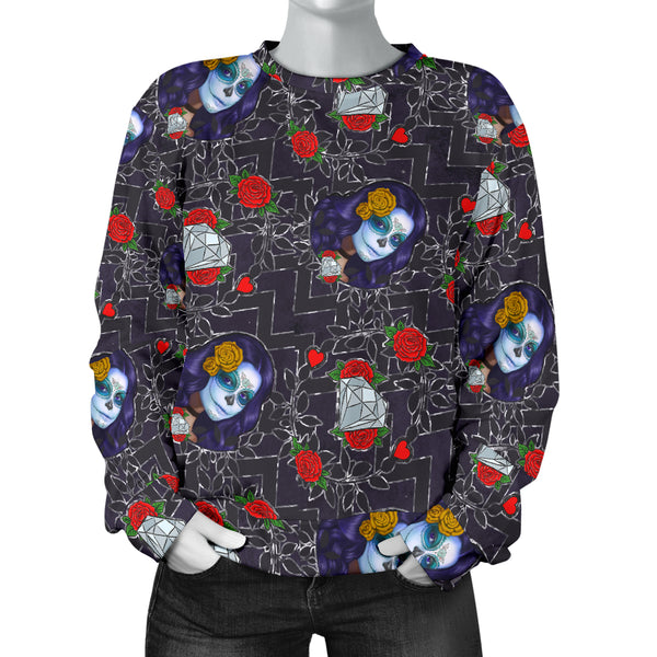 Custom Made Printed Designs Women's (W4) Sweater Sugar Skull