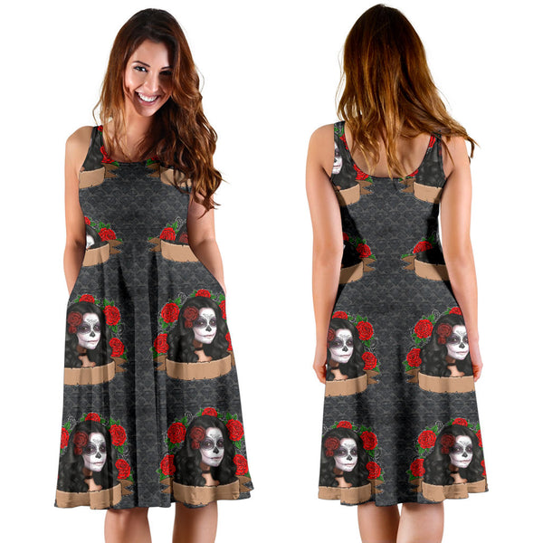 Women's Dress, No Sleeves, Custom Dress, Midi Dress, Sugar Skull 03