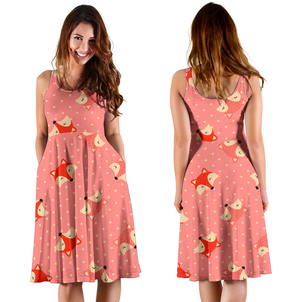 Women's Dress, No Sleeves, Custom Dress, Midi Dress, Foxes 3-03