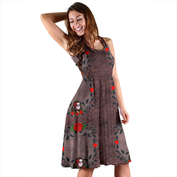 Women's Dress, No Sleeves, Custom Dress, Midi Dress, Sugar Skull 04