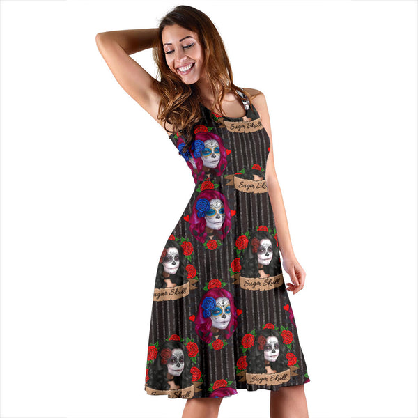 Women's Dress, No Sleeves, Custom Dress, Midi Dress, Sugar Skull 13