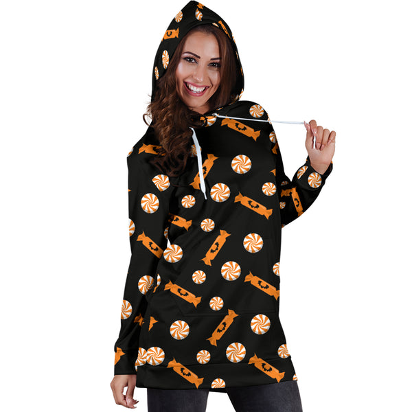 Studio11Couture Women Hoodie Dress Hooded Tunic Orange Trick Or Treat Candy Athleisure Sweatshirt