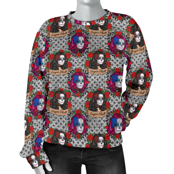 Custom Made Printed Designs Women's (W2) Sweater Sugar Skull