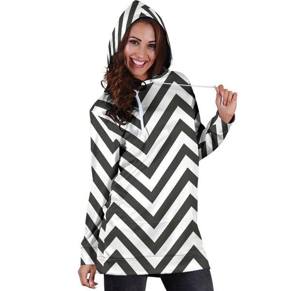 Studio11Couture Women Hoodie Dress Hooded Tunic Black and White Zigzag Floral Spring Athleisure Sweatshirt