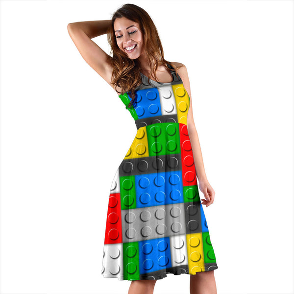 Women's Dress, No Sleeves, Custom Dress, Midi Dress, Lego Building Blocks 01