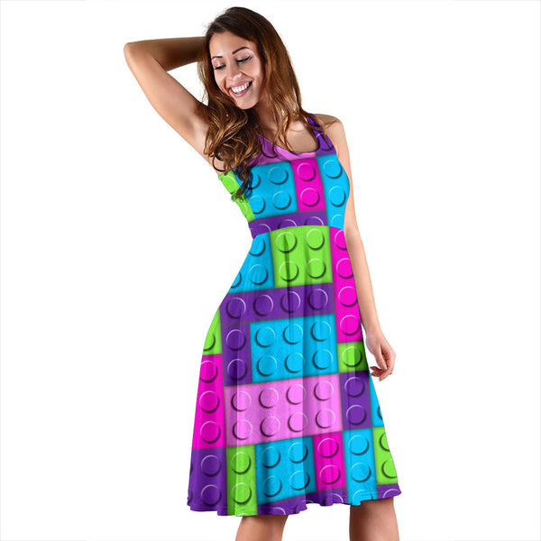 Women's Dress, No Sleeves, Custom Dress, Midi Dress, Lego Building Blocks Pastel 02