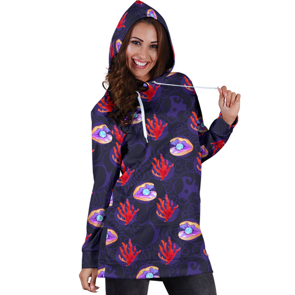 Studio11Couture Women Hoodie Dress Hooded Tunic Clam Pearl Athleisure Sweatshirt