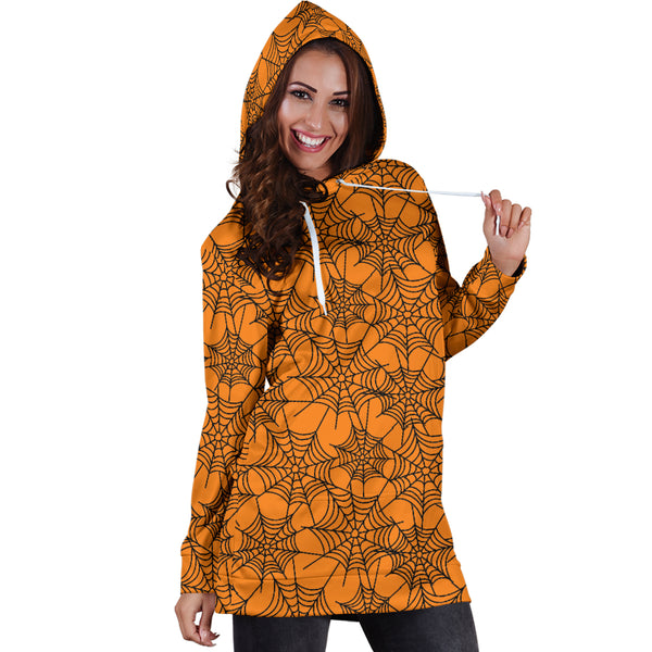 Studio11Couture Women Hoodie Dress Hooded Tunic Orange Spider Web Halloween Athleisure Sweatshirt