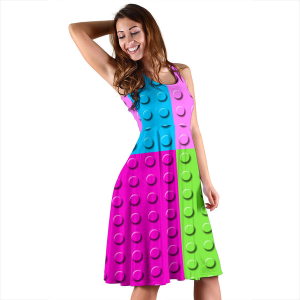 Women's Dress, No Sleeves, Custom Dress, Midi Dress, Lego Building Blocks Pastel 08