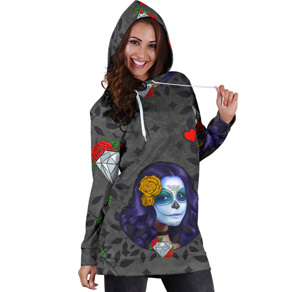 Studio11Couture Women Hoodie Dress Hooded Tunic Sugar Skull Diamond Red Athleisure Sweatshirt