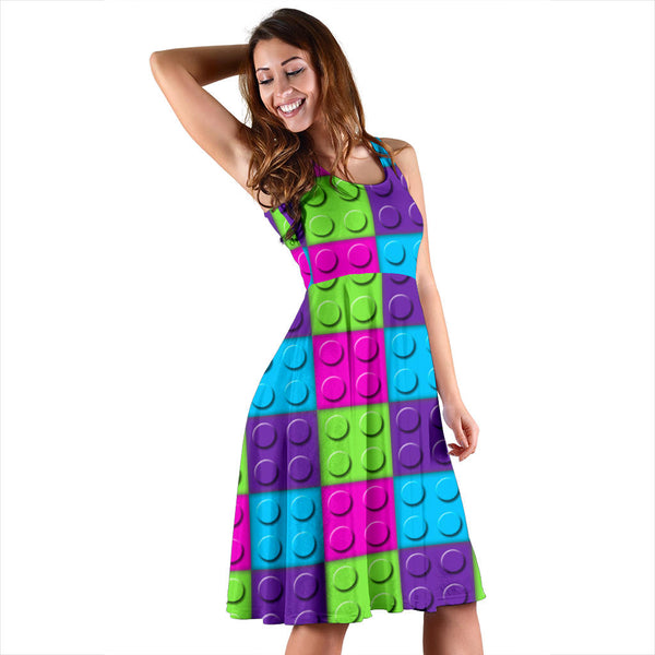 Women's Dress, No Sleeves, Custom Dress, Midi Dress, Lego Building Blocks Pastel 10