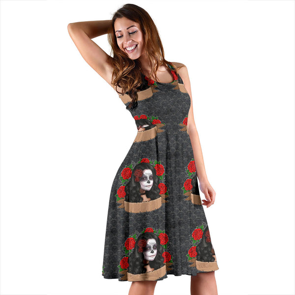 Women's Dress, No Sleeves, Custom Dress, Midi Dress, Sugar Skull 03