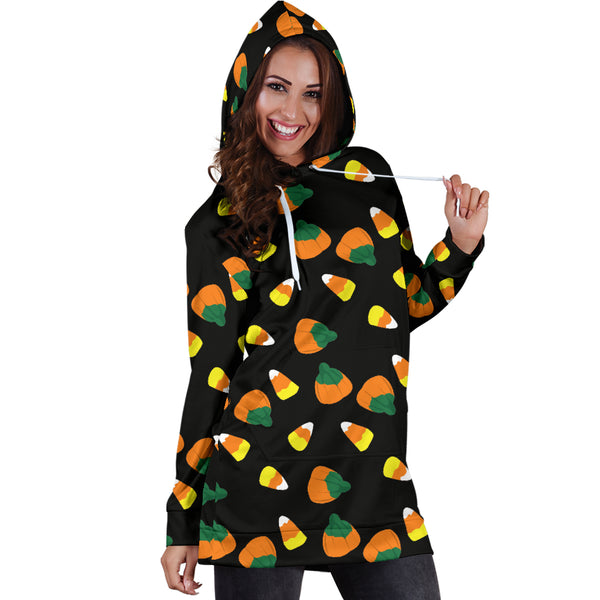 Studio11Couture Women Hoodie Dress Hooded Tunic Candy Corn Halloween Athleisure Sweatshirt