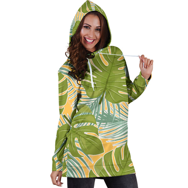 Studio11Couture Women Hoodie Dress Hooded Tunic Tropical Palm Leaves Athleisure Sweatshirt