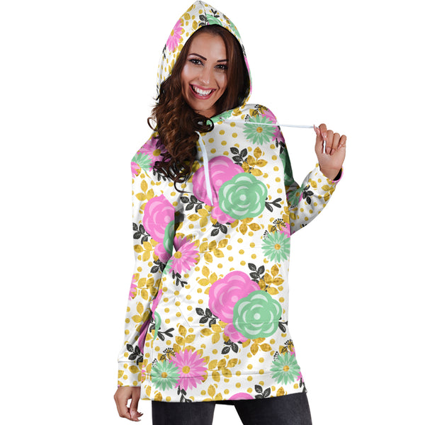 Studio11Couture Women Hoodie Dress Hooded Tunic Stunning Pink Floral Spring Athleisure Sweatshirt