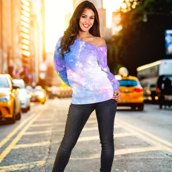 Women Teen Off Shoulder Sweater Pastel Galaxy 5