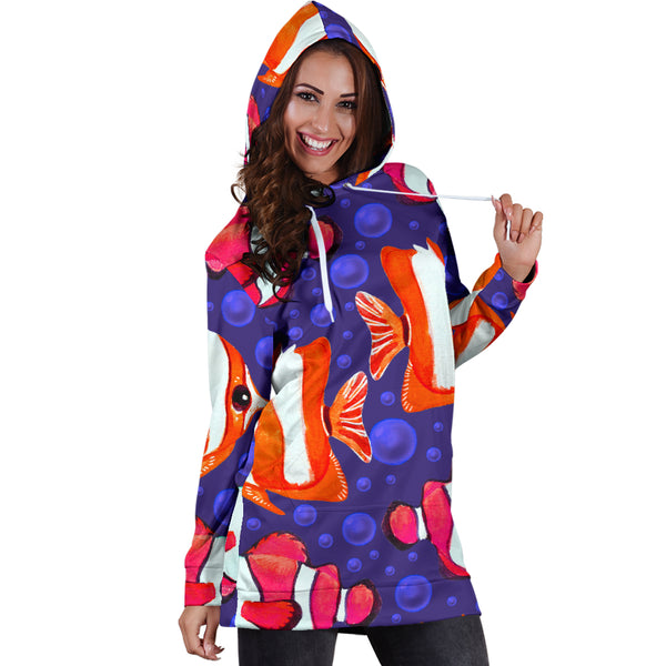Studio11Couture Women Hoodie Dress Hooded Tunic Colorful Clownfish Athleisure Sweatshirt