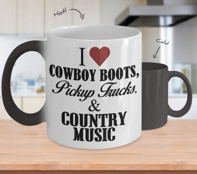 Color Changing Mug Music Theme I Love Cowboy Boots Pickup Trucks & Country