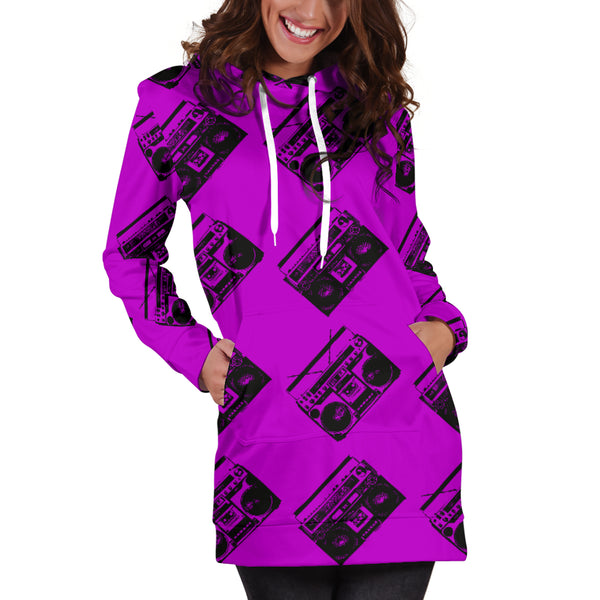 Studio11Couture Women Hoodie Dress Hooded Tunic 80s Violet Boombox Athleisure Sweatshirt