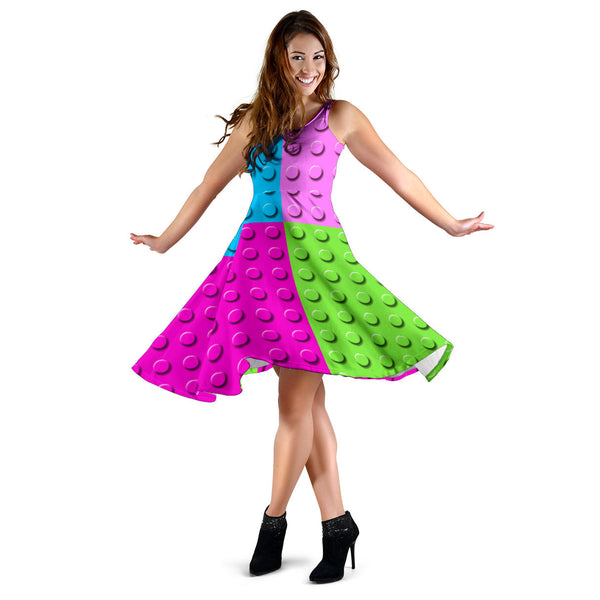 Women's Dress, No Sleeves, Custom Dress, Midi Dress, Lego Building Blocks Pastel 08