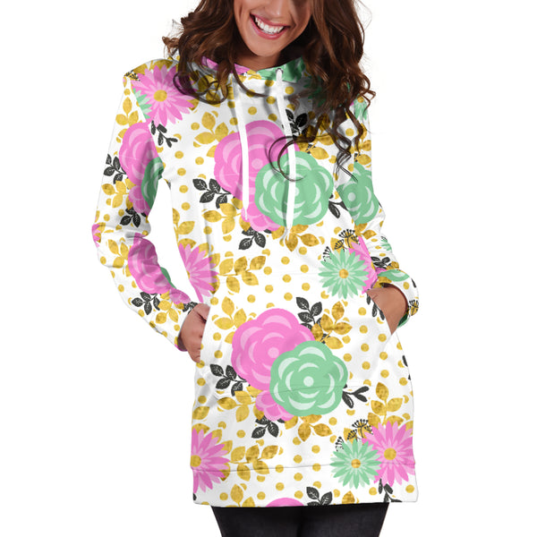 Studio11Couture Women Hoodie Dress Hooded Tunic Stunning Pink Floral Spring Athleisure Sweatshirt