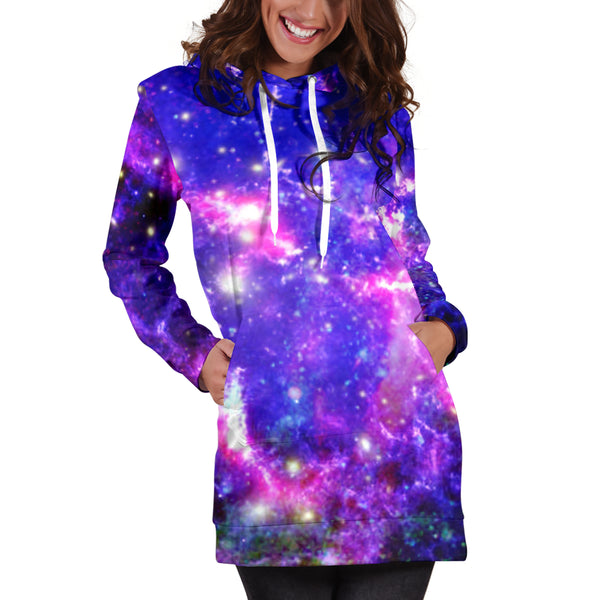 Studio11Couture Women Hoodie Dress Hooded Tunic Purple Nebula Galaxy Athleisure Sweatshirt
