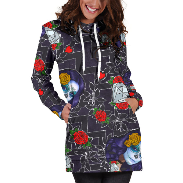 Studio11Couture Women Hoodie Dress Hooded Tunic Sugar Skull Chevron Athleisure Sweatshirt