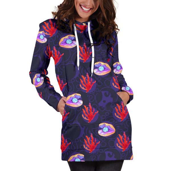 Studio11Couture Women Hoodie Dress Hooded Tunic Clam Pearl Athleisure Sweatshirt