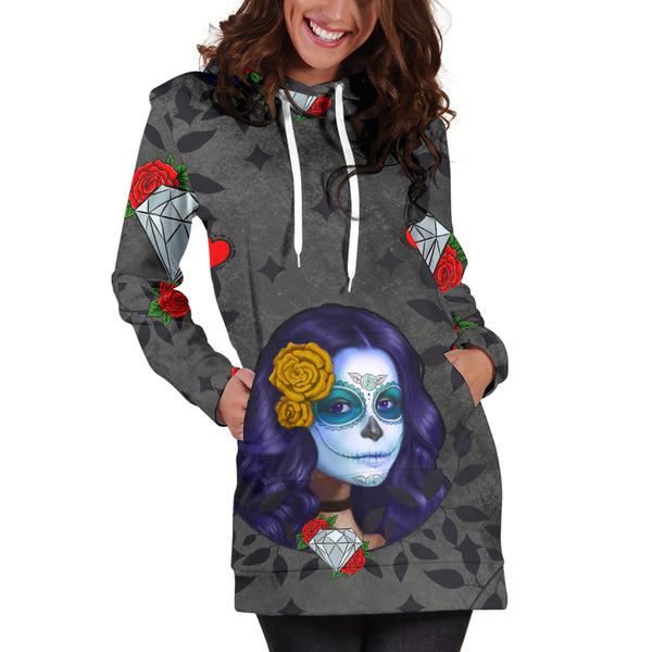 Studio11Couture Women Hoodie Dress Hooded Tunic Sugar Skull Diamond Red Athleisure Sweatshirt