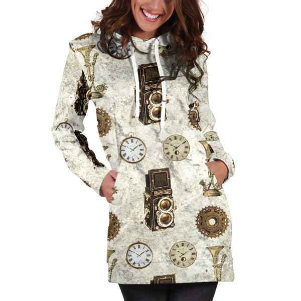 Studio11Couture Women Hoodie Dress Hooded Tunic Old Television Steampunk Athleisure Sweatshirt