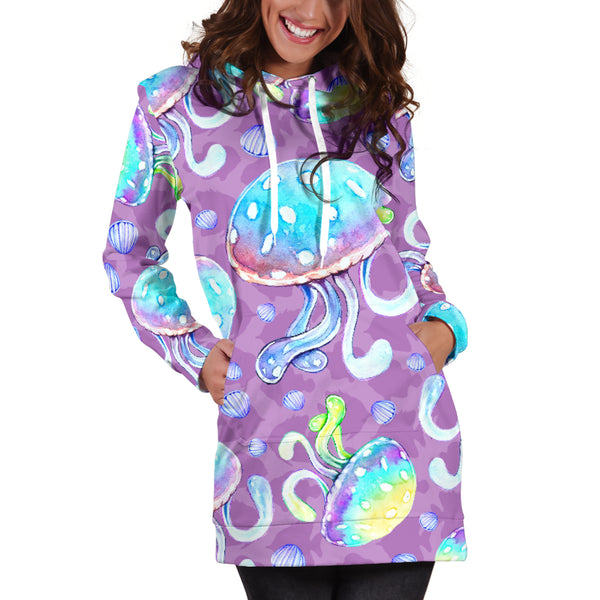Studio11Couture Women Hoodie Dress Hooded Tunic Full Of Jellyfish Athleisure Sweatshirt