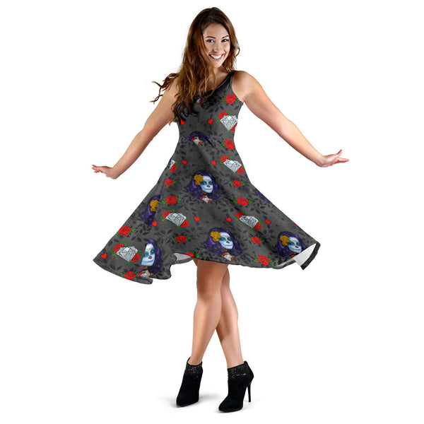 Women's Dress, No Sleeves, Custom Dress, Midi Dress, Sugar Skull 12