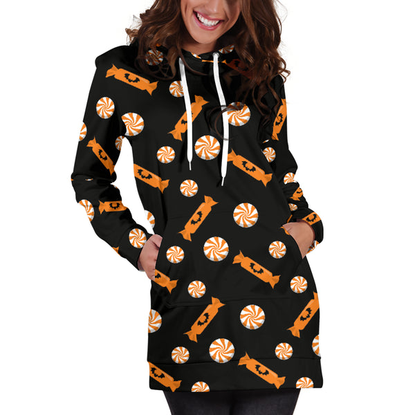 Studio11Couture Women Hoodie Dress Hooded Tunic Orange Trick Or Treat Candy Athleisure Sweatshirt