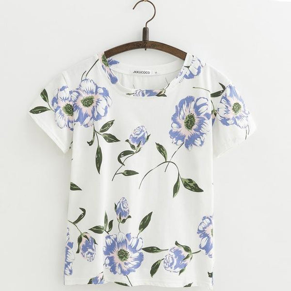 Shabby Chic Floral Printed All Over Short Sleeve Women'sTee T-Shirt Top, Color - J412B