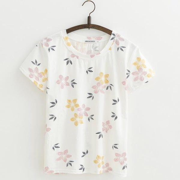 Shabby Chic Floral Printed All Over Short Sleeve Women'sTee T-Shirt Top, Color - J414A